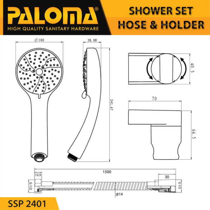 HAND SHOWER  SET PALOMA SSP 2401 LENGKAP DENGAN HOLDER DAN SELANG FLEXIBLE