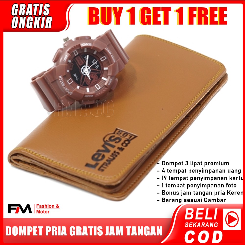 Dompet Pria Kulit Sintesis Model Panjang GRATIS Jam Tangan Kekinian Pas Di Tangan - COKLAT