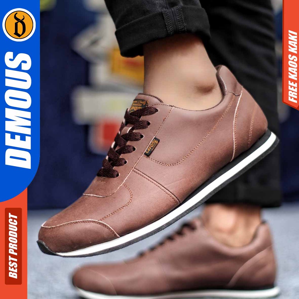 Sepatu Sneakers Pria Casual Kulit Asli Hitam Coklat Tan Demous Morley