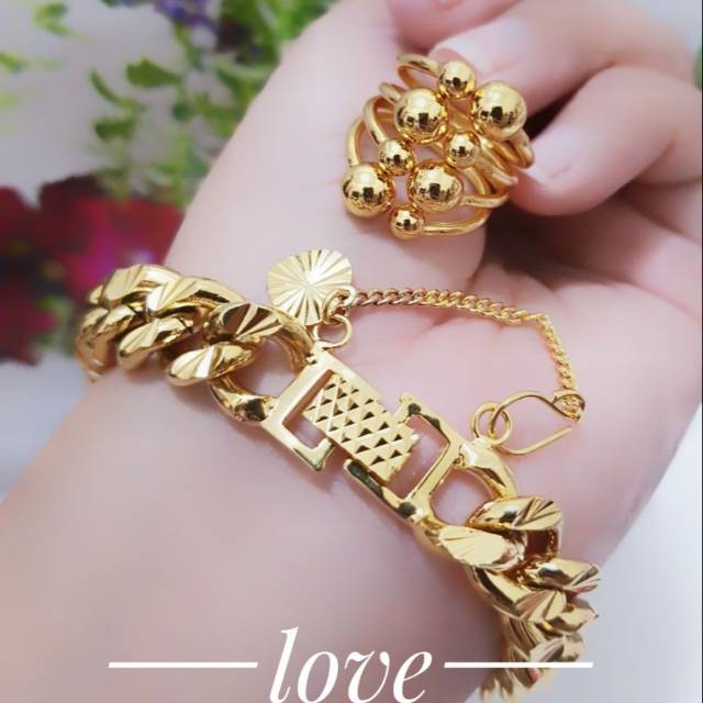 Set xuping dilapisis emas 24 k gelang tangan plus cincin