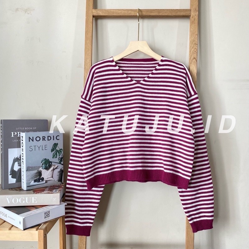 SWEATER CROP RAJUT MOTIF GARIS STRIPPY BAHAN TEBAH PREMIUM MODEL PENDEK