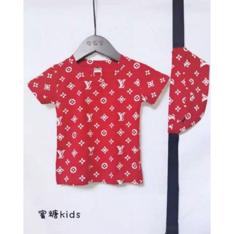 SHIRT branded LV RED w/ sling bag (kaos anak import)