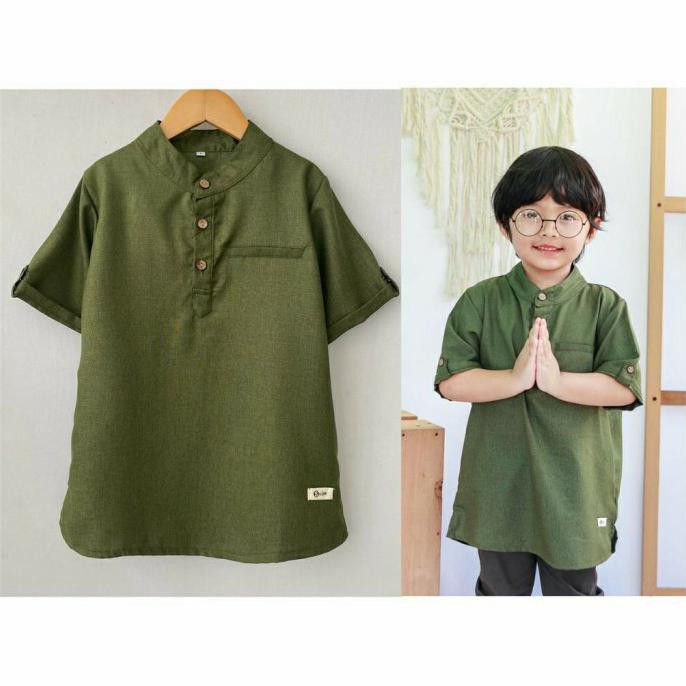 Baju Koko Anak Madina Smilee Warna Hijau Army - Baju Muslim Anak Cowok - size 5tahun