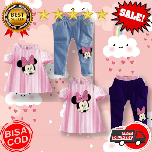 VISION ONLINE-STRIPY MINNIE PINKY BAJU ANAK PEREMPUAN SETELAN CELANA DENIM ANAK 1 2 3 4 TAHUN MURAH