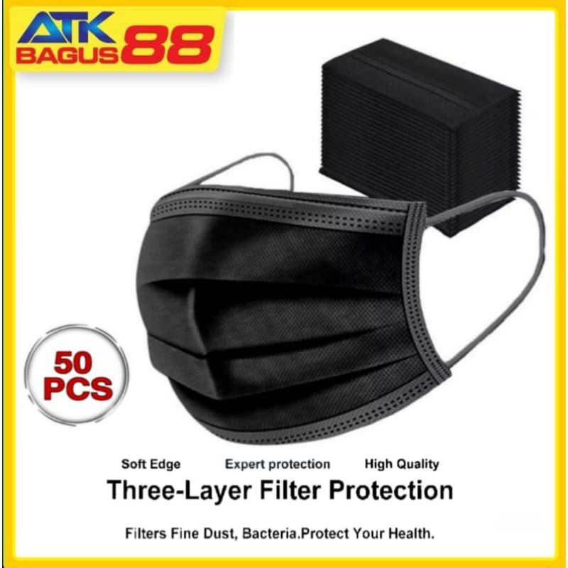 MASKER 3 PLY EARLOOP WARNA (HITAM) TANPA BOX termurah