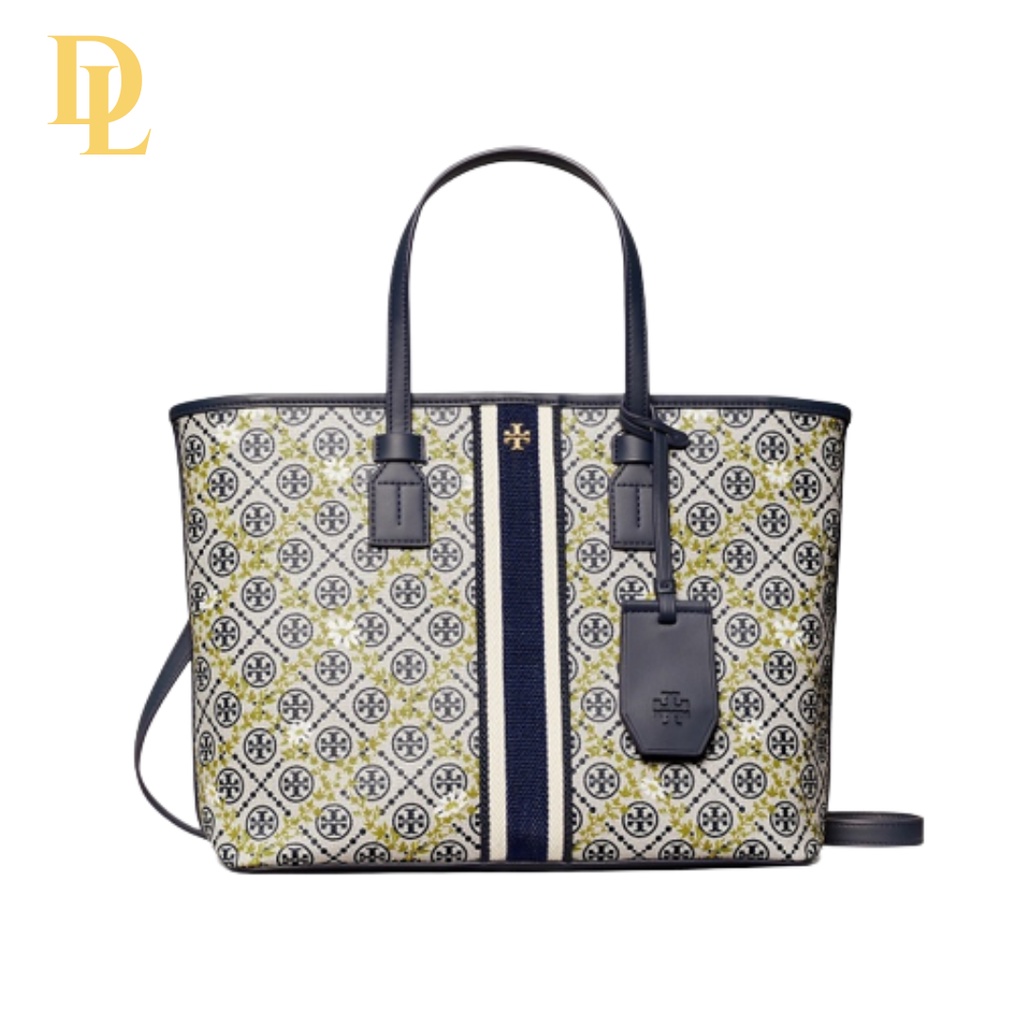 TORY BURCH T Monogram Floral Vine Small Top-Zip Tote Bag (Navy)