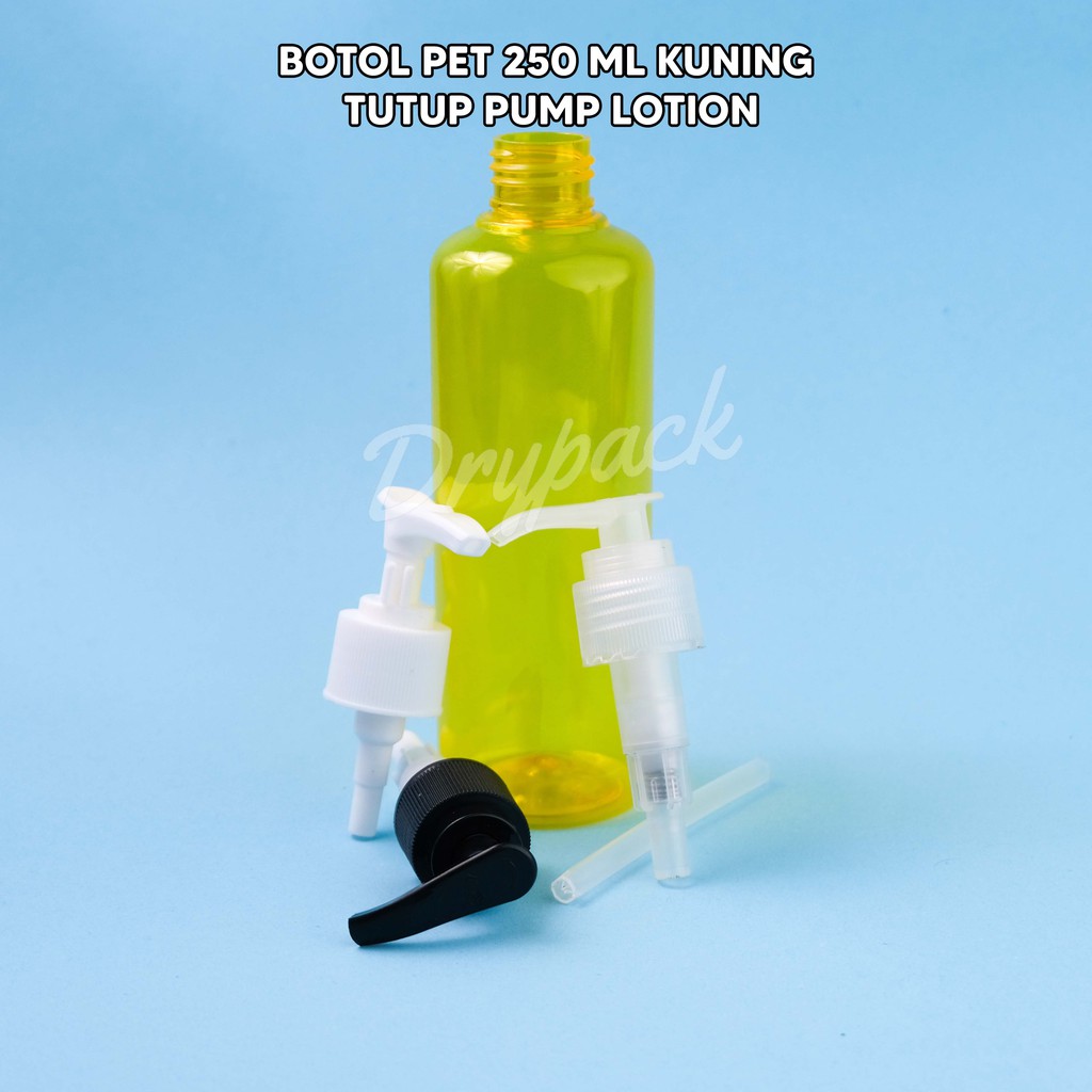 BOTOL PET 250 ML ROUND KUNING TUTUP PUMP LOTION