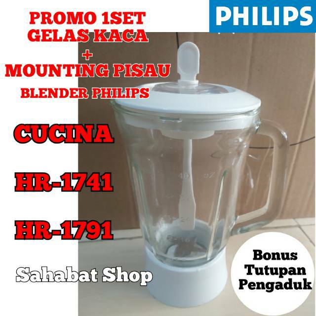 FULLSET PISAU + GELAS JUS KACA BLENDER PHILIPS CUCINA HR 1741 1791 1731