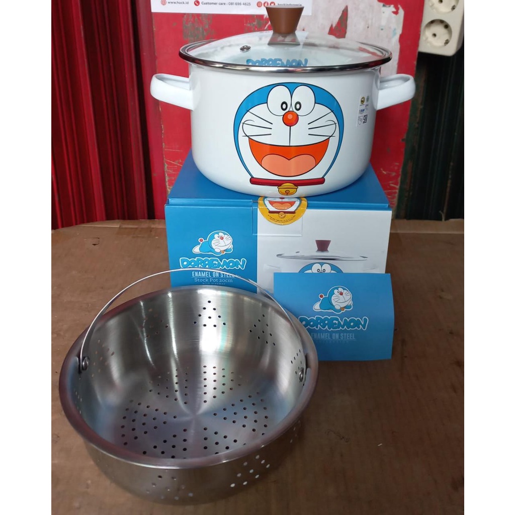 Doraemon Stock Pot with Steamer Basket Enamel on Steel 20 cm Stainless