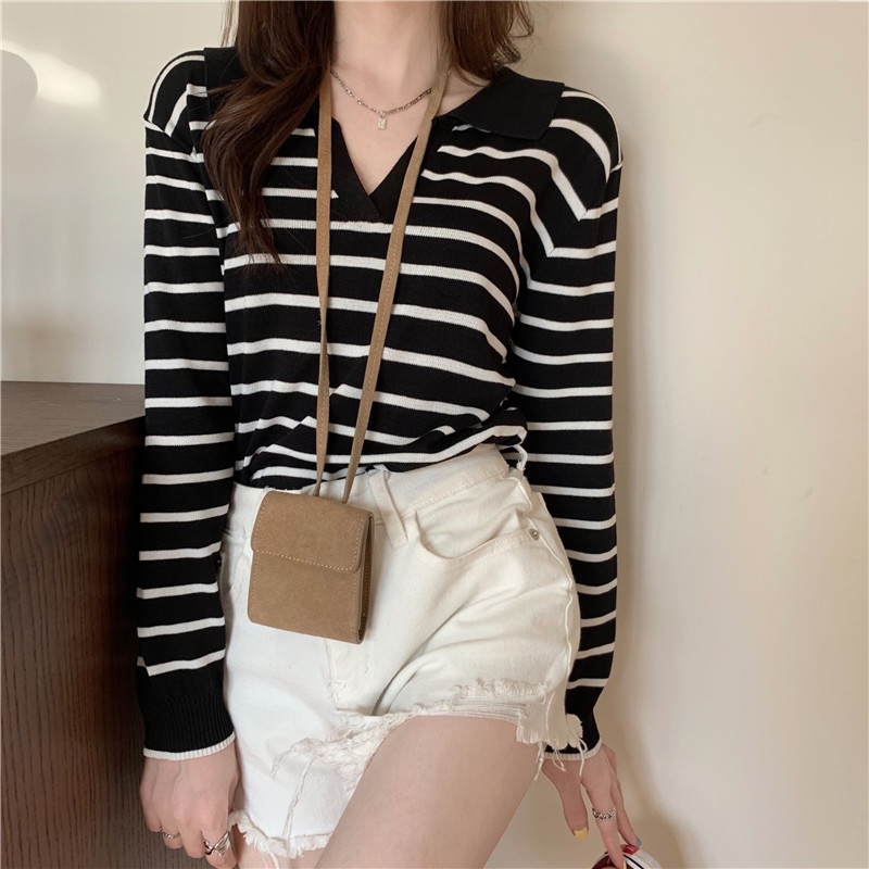 Sweater Polo Wanita Kaos Rajut Korean Retro Style Knit Striped T-shirt