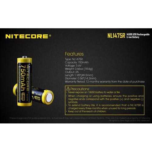 Best Seller ! NITECORE 14500 Micro USB Rechargeable Li-ion Battery 750mAh - NL1475R