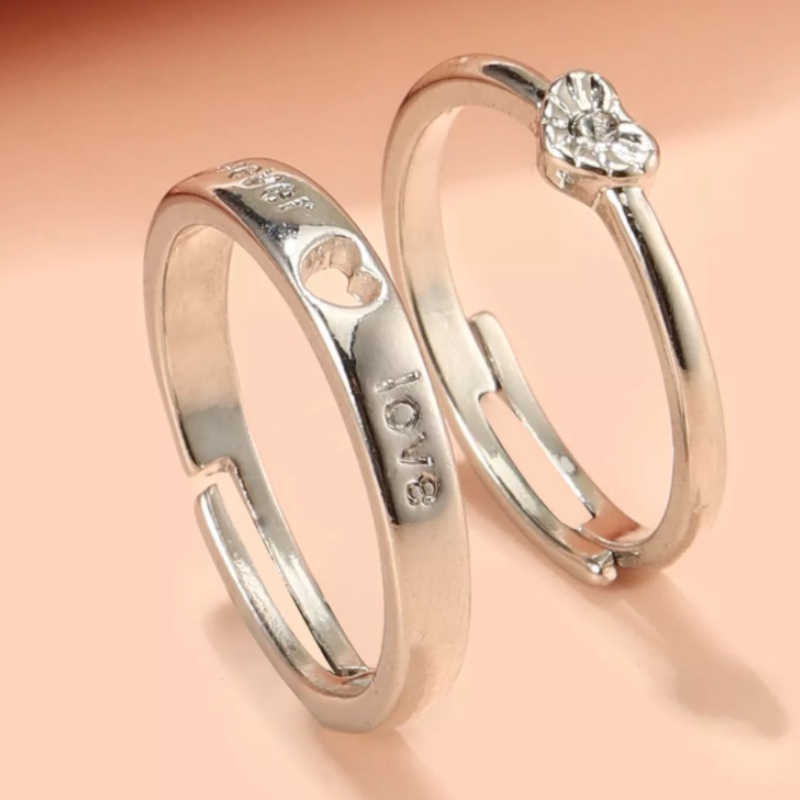 Cincin Model Terbuka Adjustable Desain Hati Hollow Bahan 925 Silver Plated Untuk Pasangan