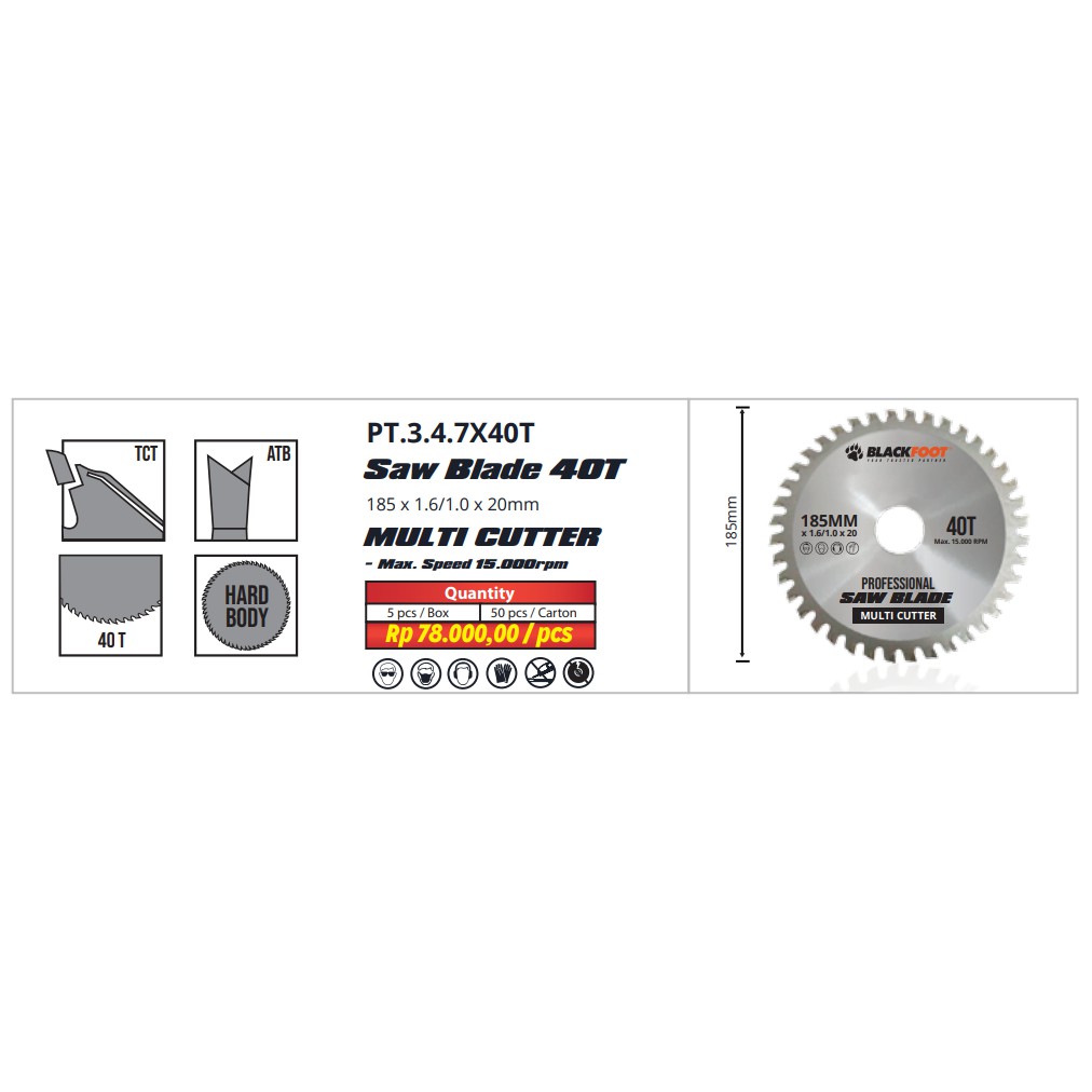 Mata Gergaji 7 Inch 185mmx40T BLACKFOOT Circular Saw Blade Wood Cutter