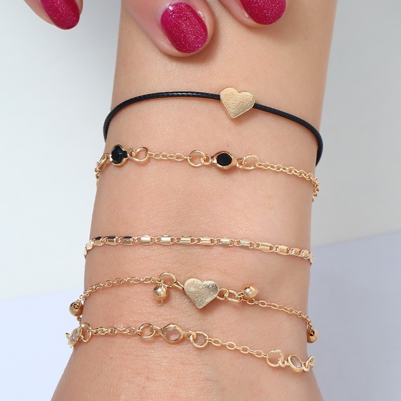 5pcs / Set Gelang Kaki Multilayer Desain Hati Warna Emas Untuk Wanita