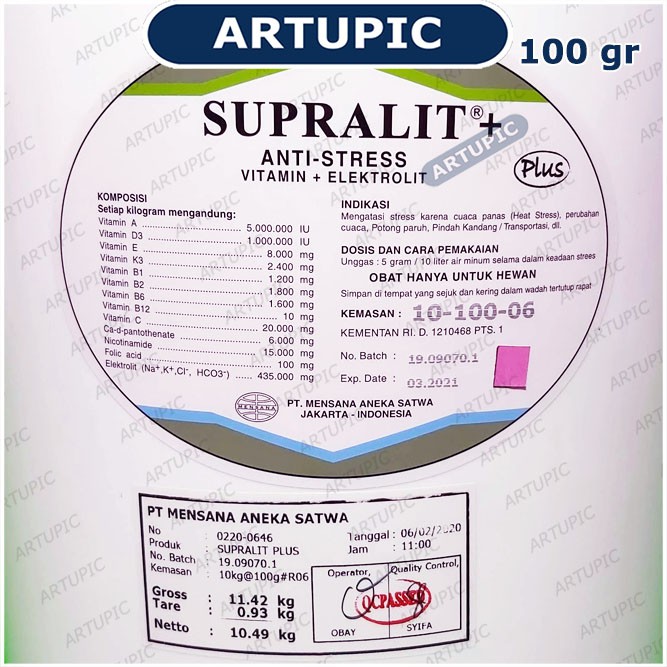 Supralit PLUS 100 gram Anti Stres Elektrolit Vitamin Unggas Ayam Mensana Artupic