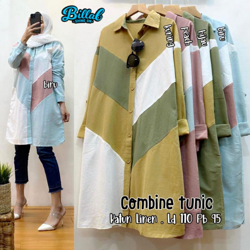 TUNIK / ATASAN WANITA TERBARU BAHAN LINEN COMBINE TUNIC BY BILLAL