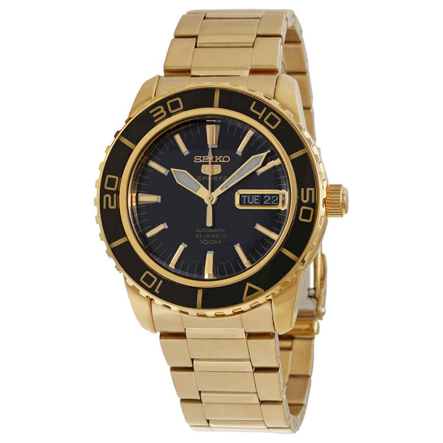 Jam Pria SNZH60 Seiko 5 Sports SNZH60K1 Auto Black Dial Gold Bracelet