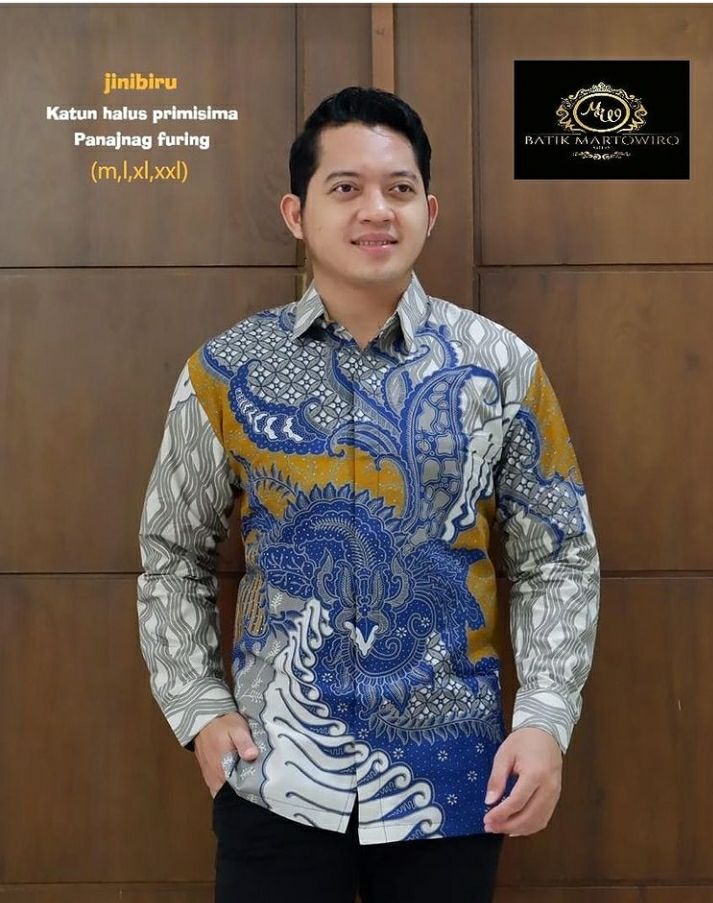 Batik Lengan Panjang Eksklusif Batik Pria Warna Biru Panjang Batik Premium Lapis Furing JINIBIRU