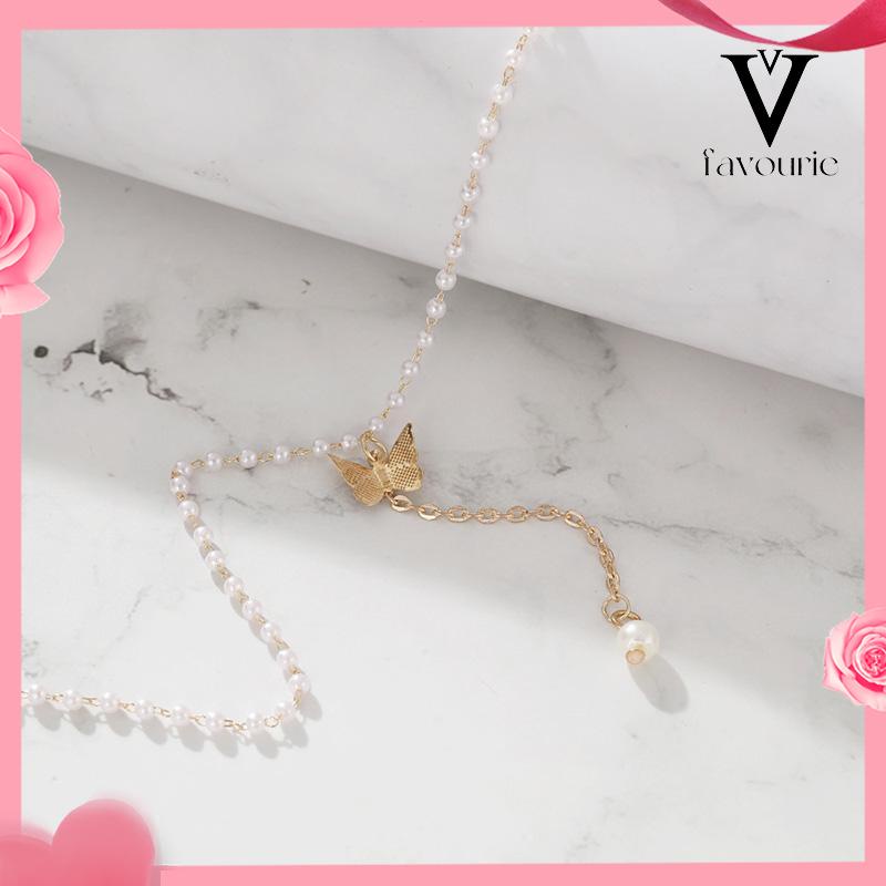 [COD]Retro Butterfly Pearl Kalung Lembut Gadis Kecil Cinta Liontin Kalung Rantai Klavikula-FA