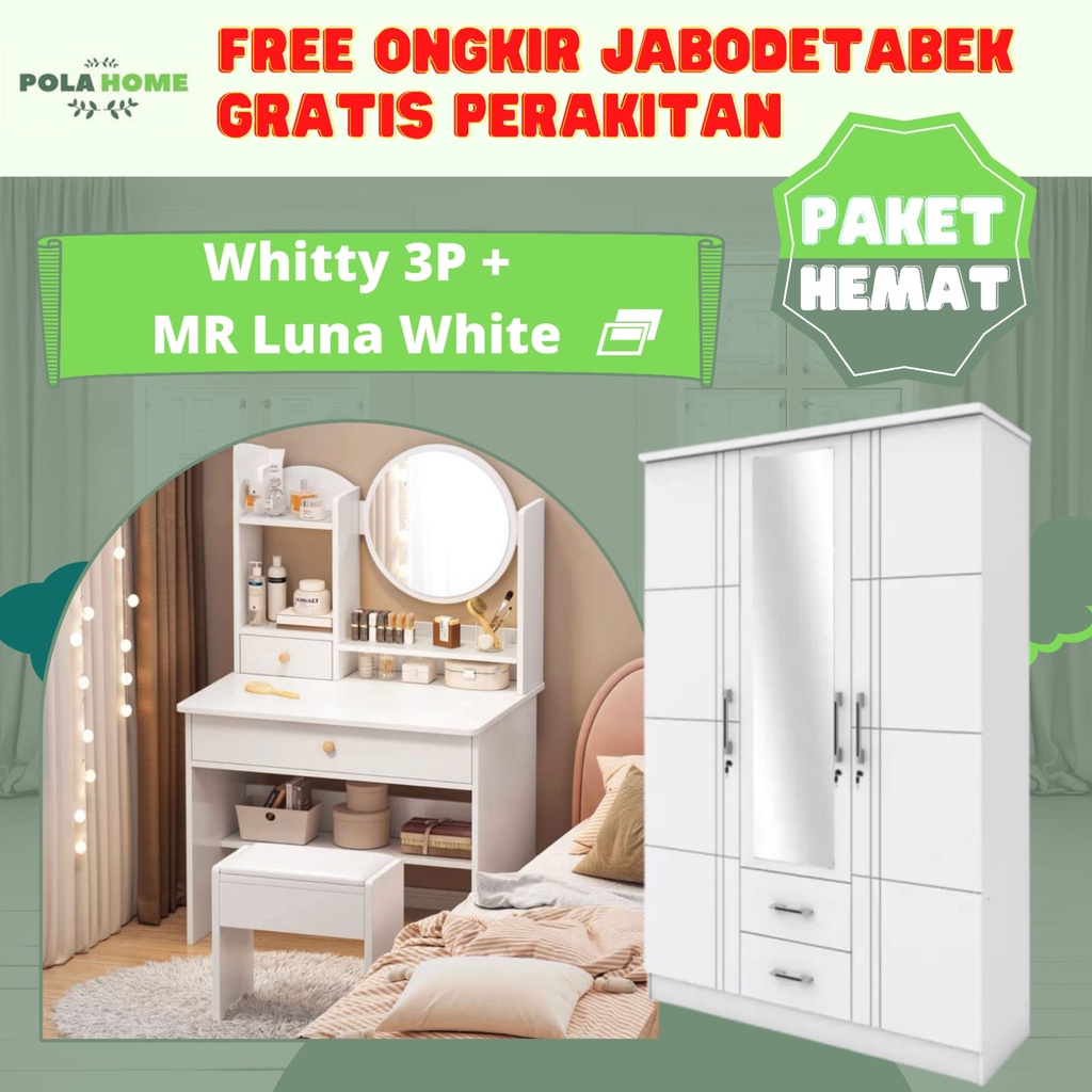 GRATIS ONGKIR + RAKIT Paket Hemat Furniture Ruang Kamar Lemari Pakaian 3Pintu dan Meja Rias