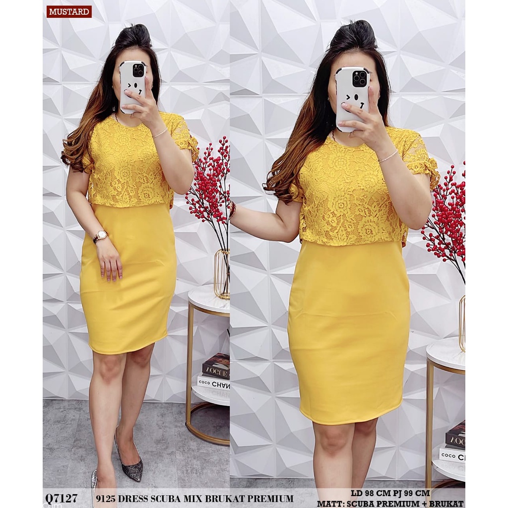 Dress 9125 Okky wanita motif bunga-bunga bahan scuba import dan brukat