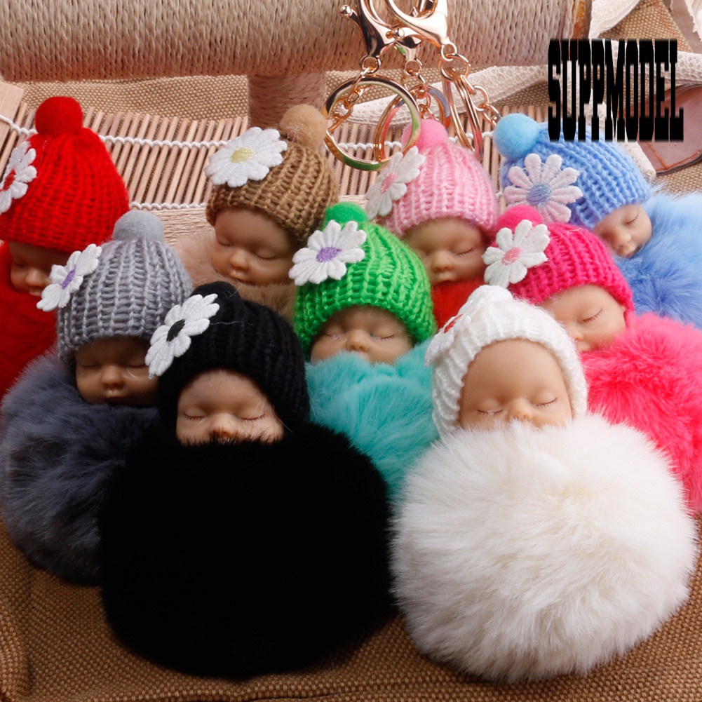 Gantungan Kunci Boneka Bayi Tidur Pompom Bahan Plush