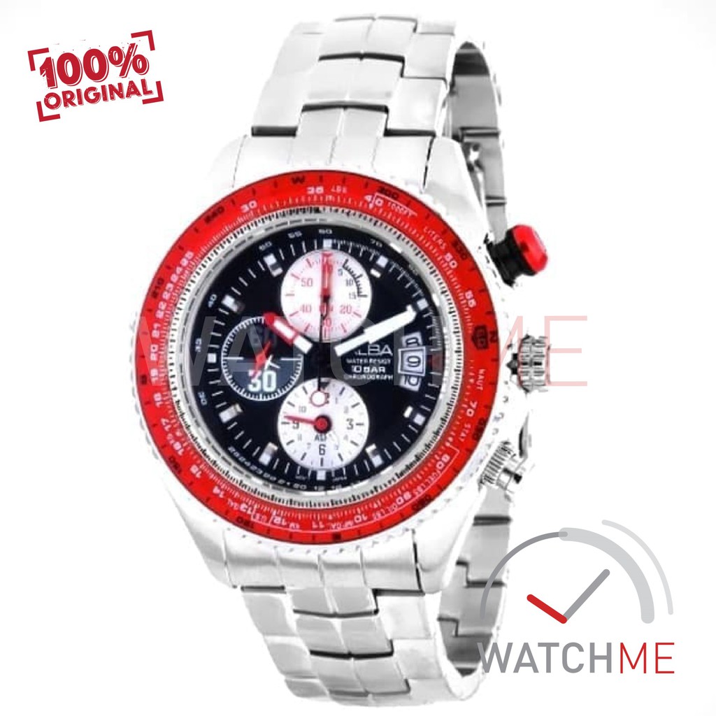 Jam Tangan Pria Alba AF3F17X1 Signa Limited Chronograph Black Red 100m Stainless Steel Ori Garansi