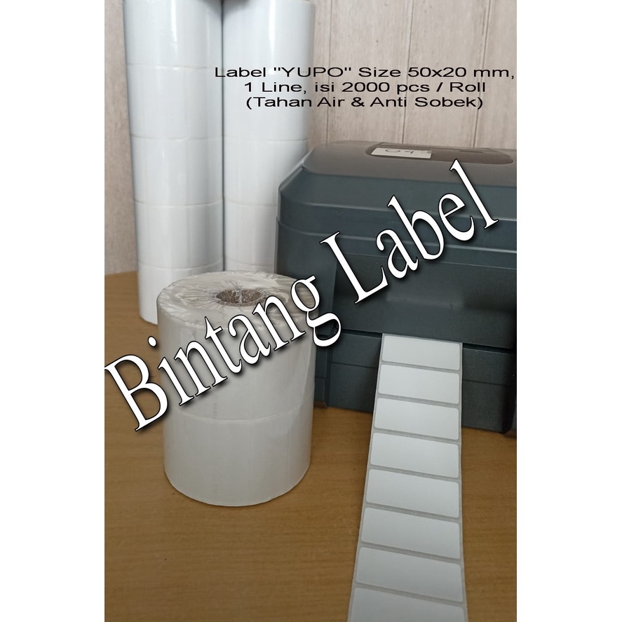 

LABEL BARCODE YUPO (ANTI AIR DAN ANTI SOBEK) 50X20 MM 1 LINE ISI 2000 PCS/ROLL