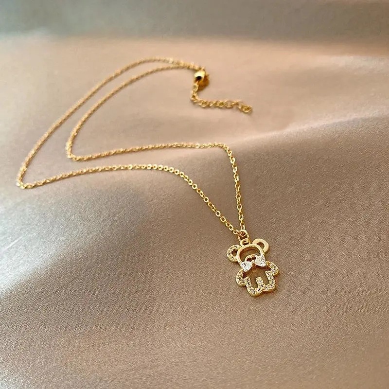 Fashion Necklace Jewelry Newest Alloy Gold Zircon Bowknot Rhinestone Bear Pendant Necklace