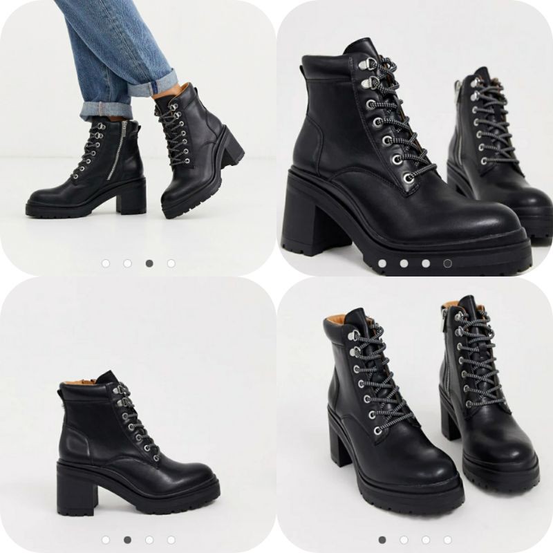 Sepatu boot Pull&Bear lace front boots with cleated sole and black
