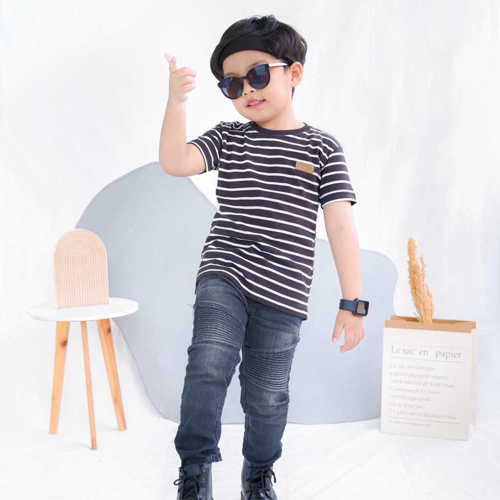 Kaos Stripe Garis Anak Laki Laki Perempuan Branded Unisex Original Premium | Mevla Kids - Uzuki Black