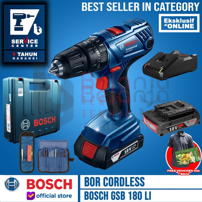 Bosch Bor Tembok Baterai Cordless GSB 180 LI 18V FREE Mata Bor & Obeng