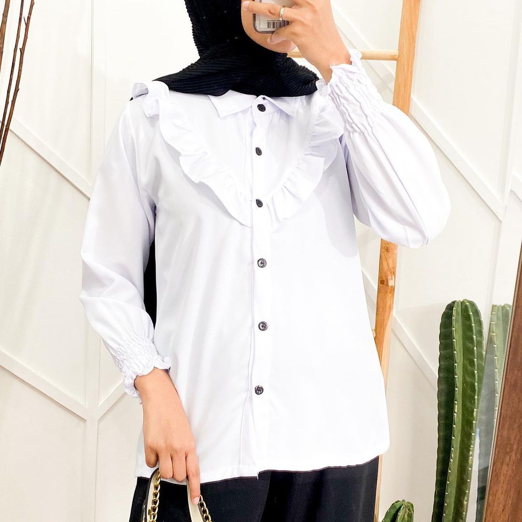 Baju Kemeja Wanita Formal  Style Korea Atasan Polos Casual Putih Lengan Panjang Outfit Ngantor-5