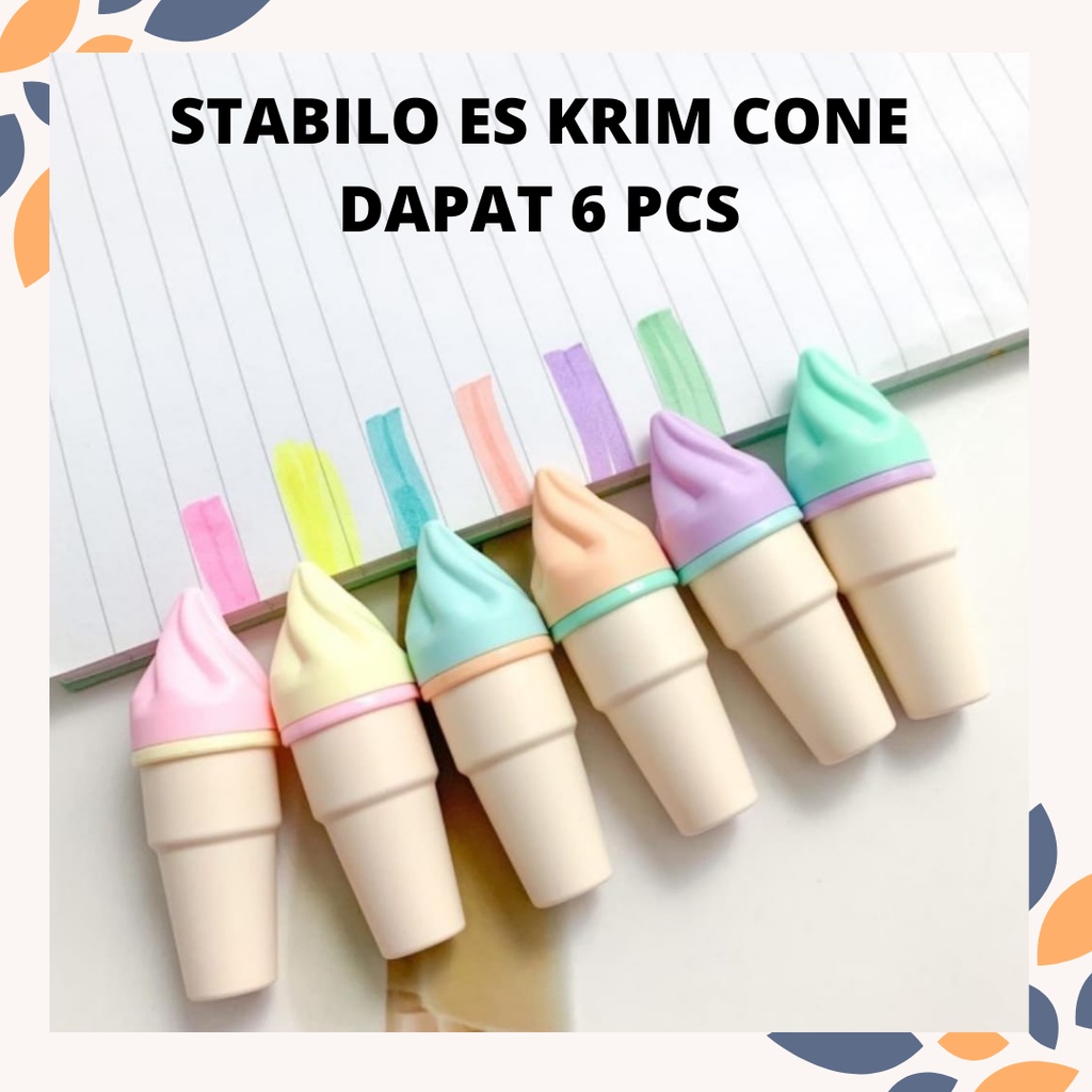 

STABILO ES KRIM CONE DAPAT 6 PCS HIGHLIGHTER WARNA WARNI PINK KUNING HIJAU KREM PASTEL UNGU UNIK LUCU KARAKTER ALAT TULIS KANTOR SEKOLAH ANAK ANAK