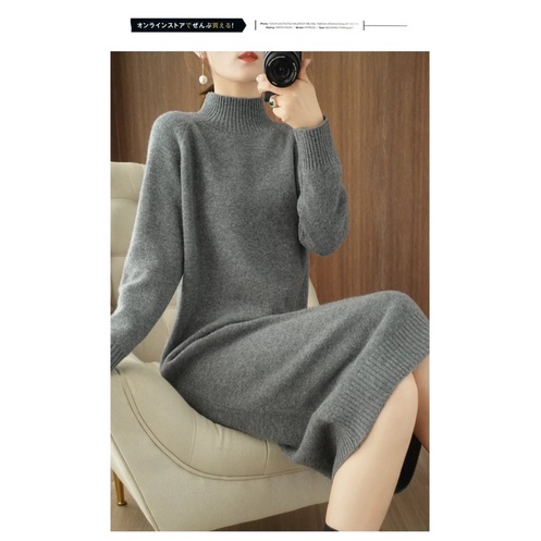 Knit Sweater Dress Turtleneck Gaun Rajut