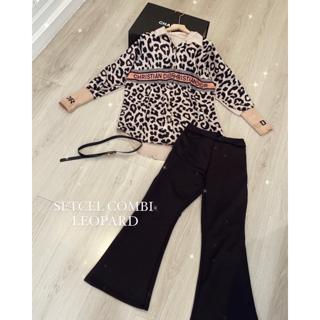SETCEL DIO ( kemeja + kulot )-Combi leopard