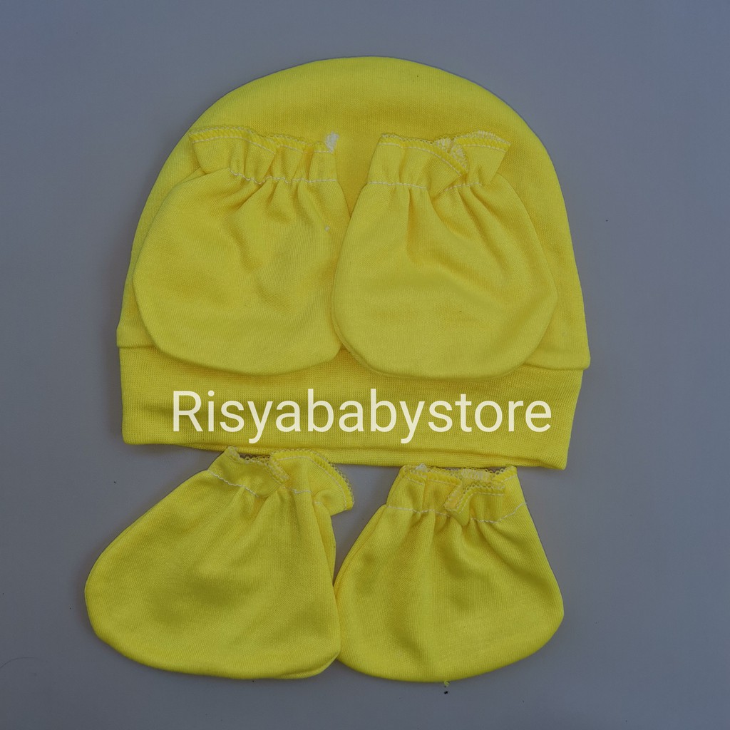 Topi set sarung tangan kaki bayi warna polos new born | Risyababy collection