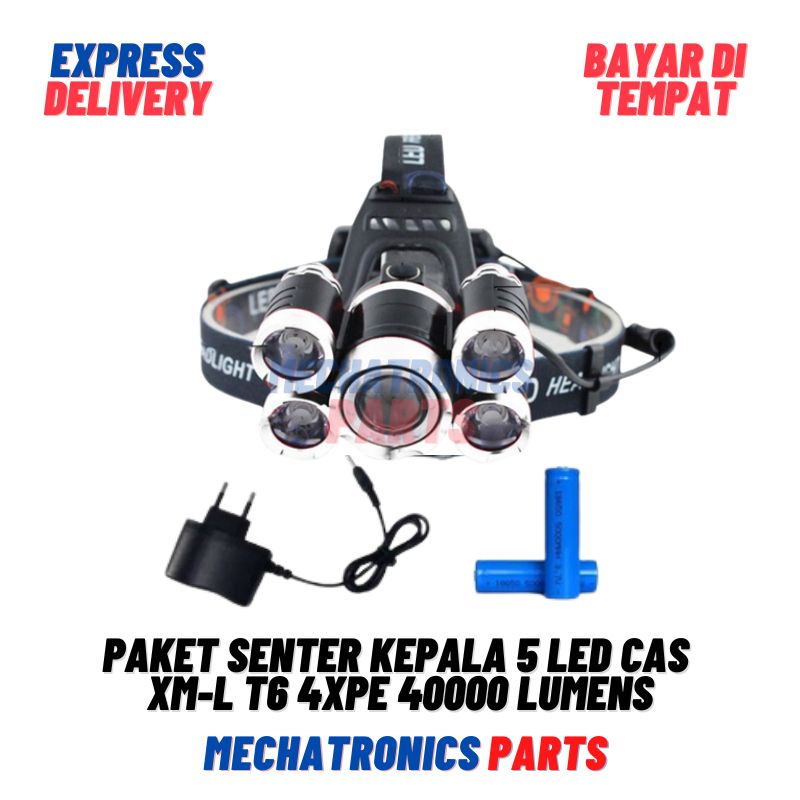 Paket Senter Kepala 5 LED Cas XM-L T6 4XPE 40000 Lumens