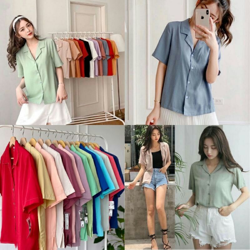 Baju Kemeja Polos Wanita Casual Lengan Pendek Jumbo Blouse Wanita Lengan Pendek Hem Wanita