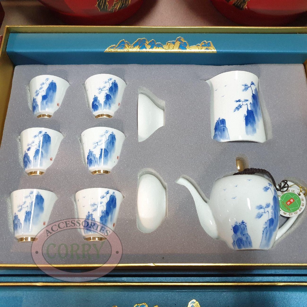 Teko Cangkir Tea Set Teh Putih Gunung Biru 6 Cangkir Keramik