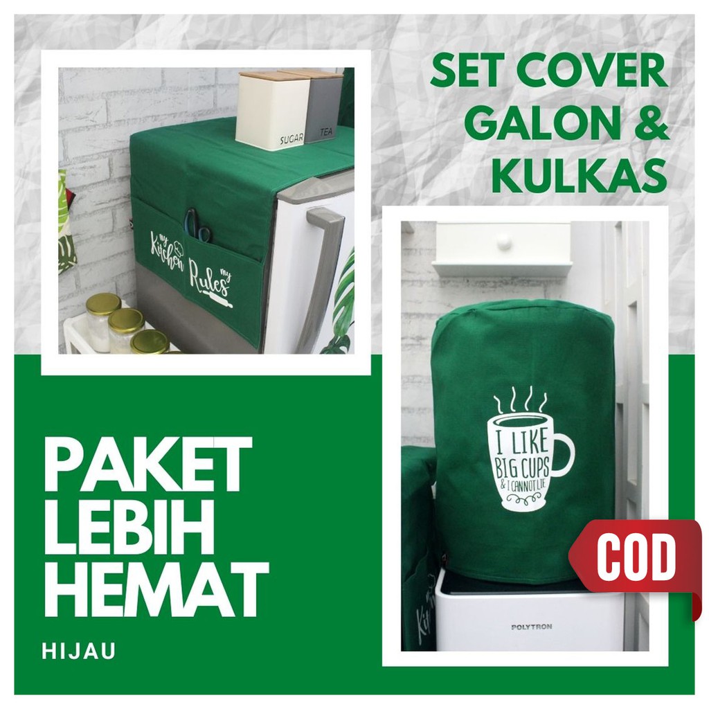 PAKET LEBIH MURAH - Cover Galon &amp; Cover Kulkas Warna Hijau (Paket Polos-09)