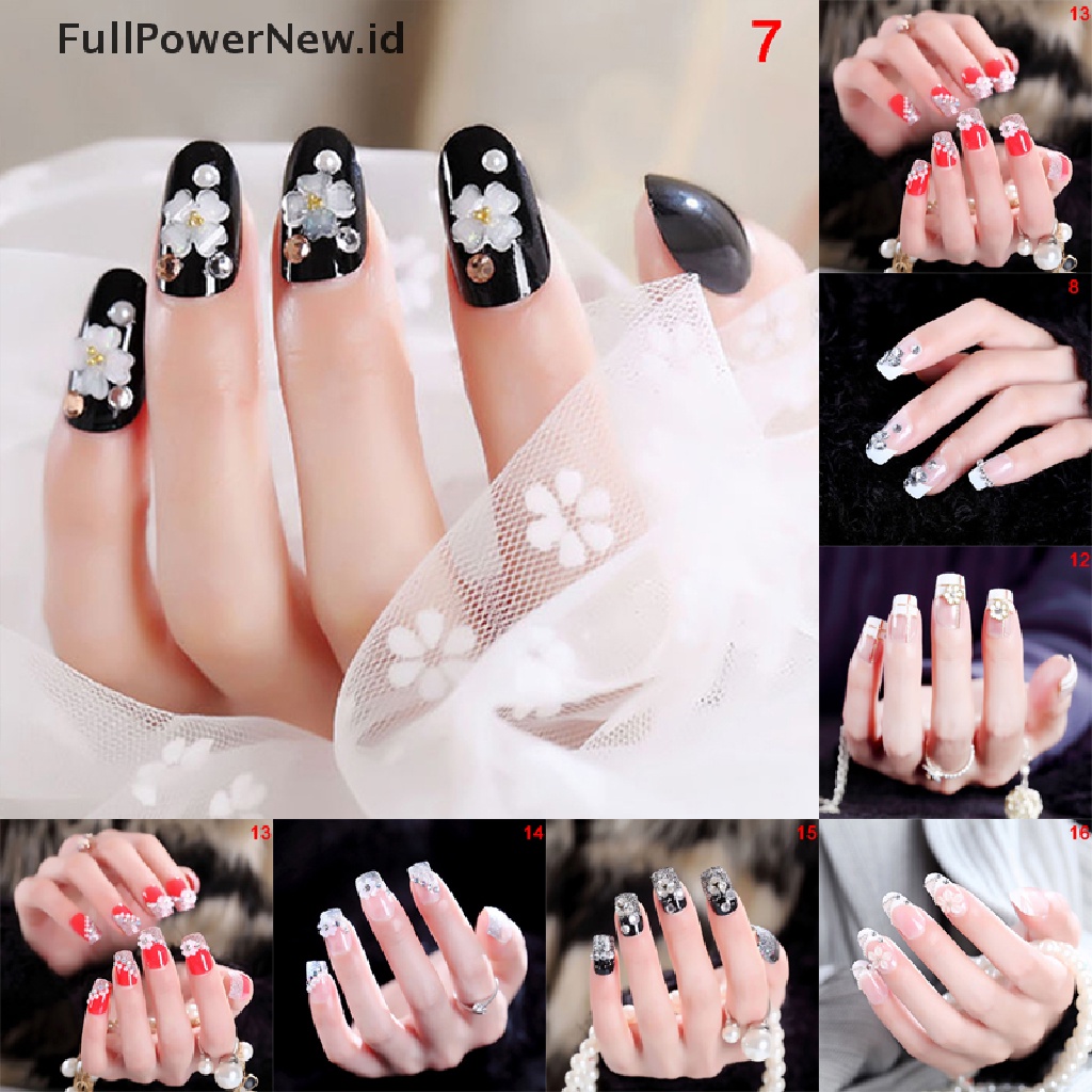 24pcs / Set Kuku Palsu Transparan Motif Bunga Aksen Manik-Manik Untuk Nail Art / Manicure Diy