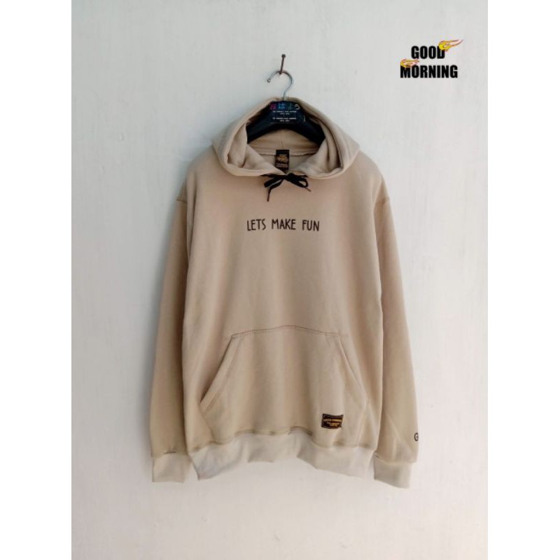 GOOD MORNING SWEATER HOODIE cowok Sweatshirt warna cream birdseed with black word art GM1076