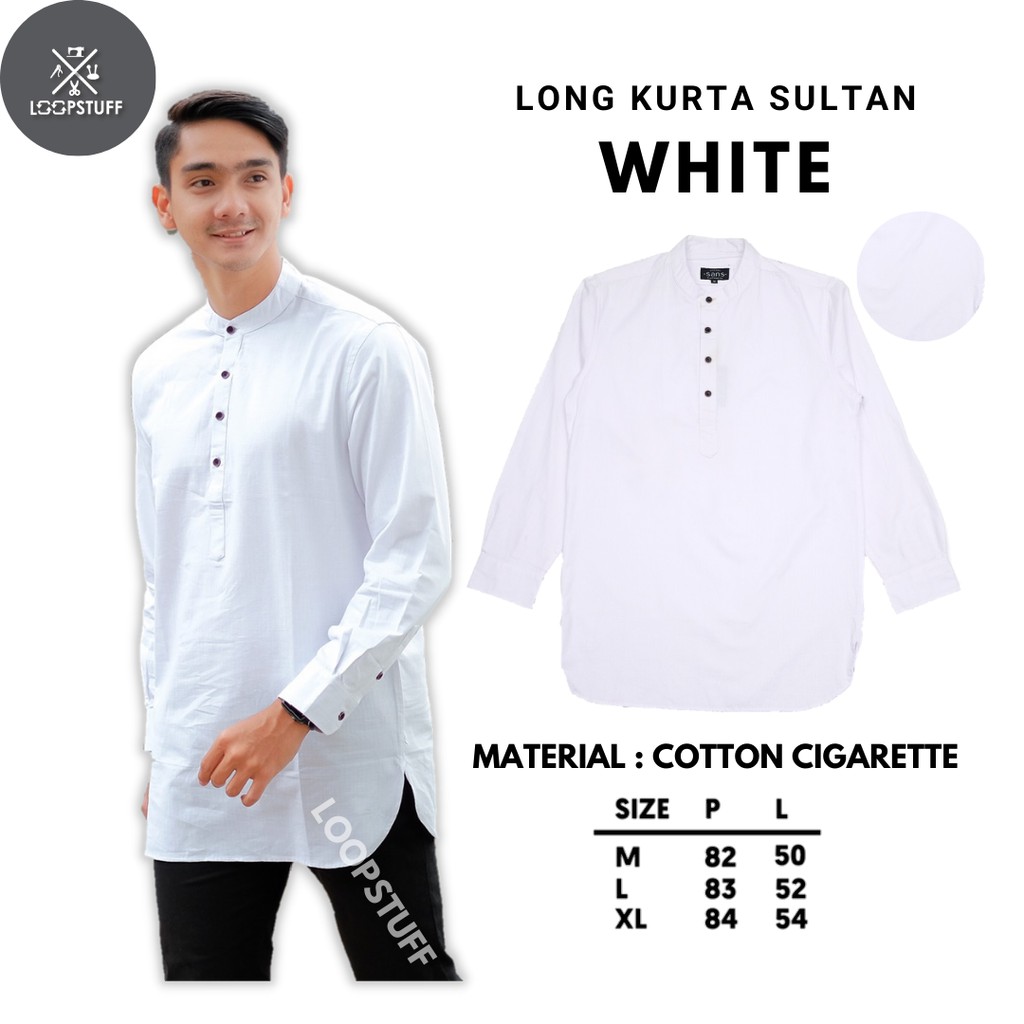 LOOPSTUFF X SANSCLOTH Baju Kurta Gamis Pria Versi Sultan Warna Putih Polos Bahan Katun Sigaret