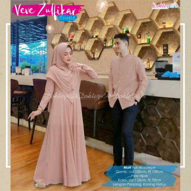 Veve Zulfikar Couple Original Dokter Hijab Gamis Syari + Kemeja Longdress Maxi Material Moscrepe