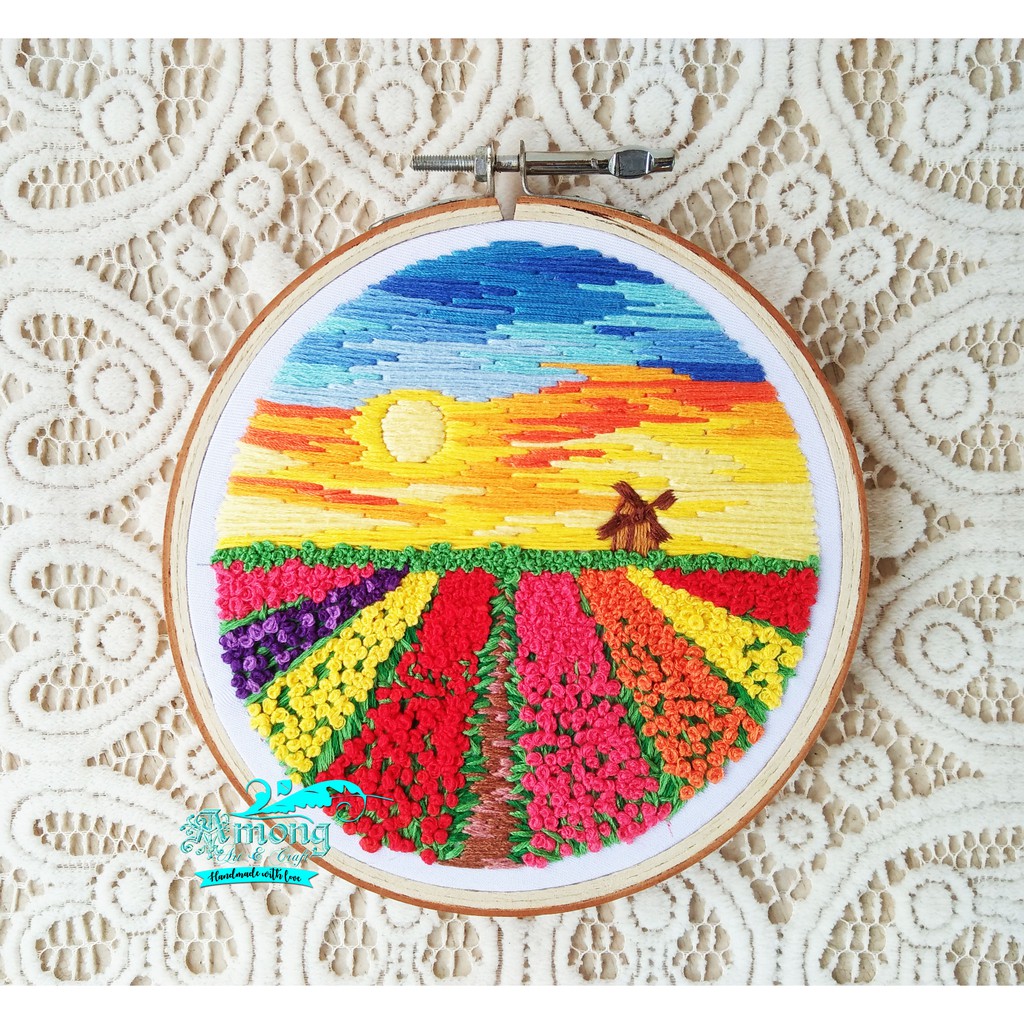 Hoop Art Hand Embroidery Landscape - Tulip Field - (Sulam Tangan - Hiasan Dinding - Wall Decor)