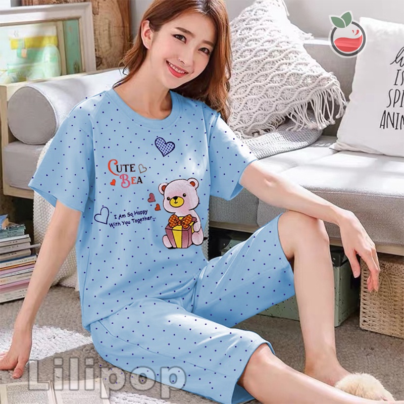 Lilipop.id  Baju Tidur Wanita 3/4 ALL SIZE STANDAR Cute Bear Setelan Piyama BabyDoll Kaos Celana Pendek