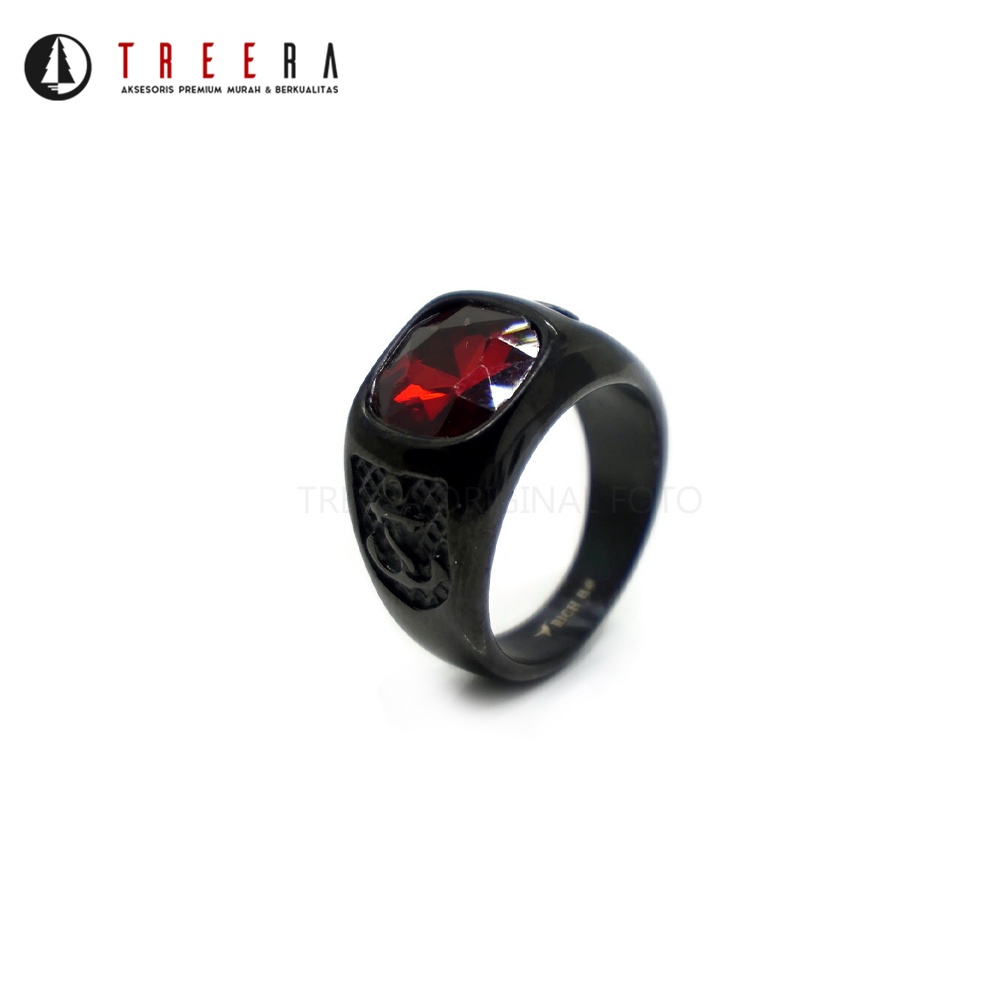 Treera - Cincin Pria Titanium Hitam Batu Merah Jangkar Original Premium