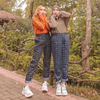  Celana  tartan  motif kotak kotak bahan gabardin celana  