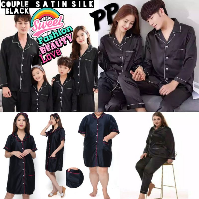 PIYAMA COUPLE LENGAN PANJANG SATIN SILK POLOS SET CELANA BAJU TIDUR PASANGAN KELUARGA